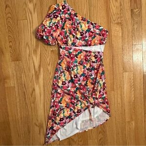 Dee Elly Colorful Floral One Shoulder Cut Out Waist Mini Dress Sz S silk feel